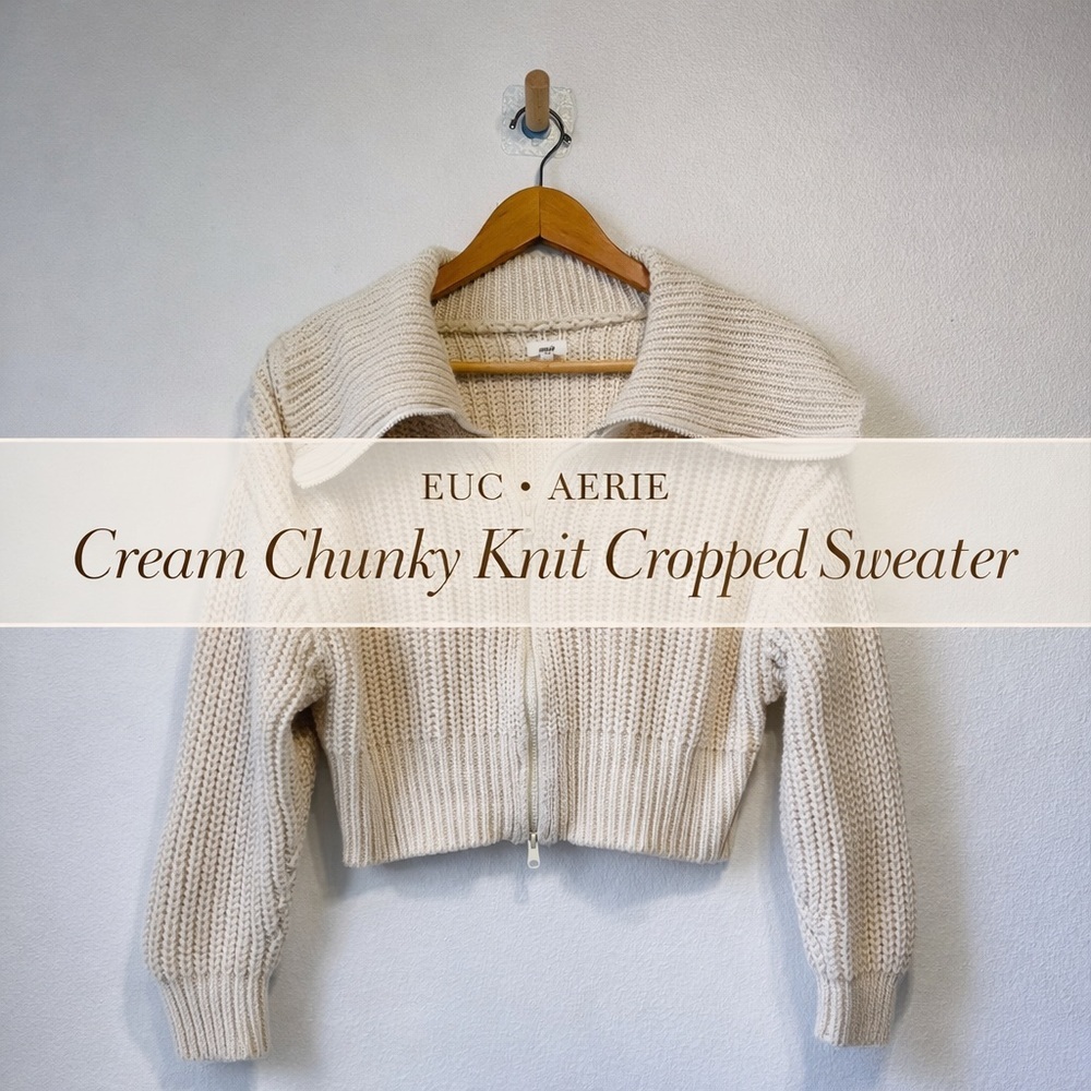 Aerie Cream Chunky Knit Cropped Zip Sweater Cardigan Size L